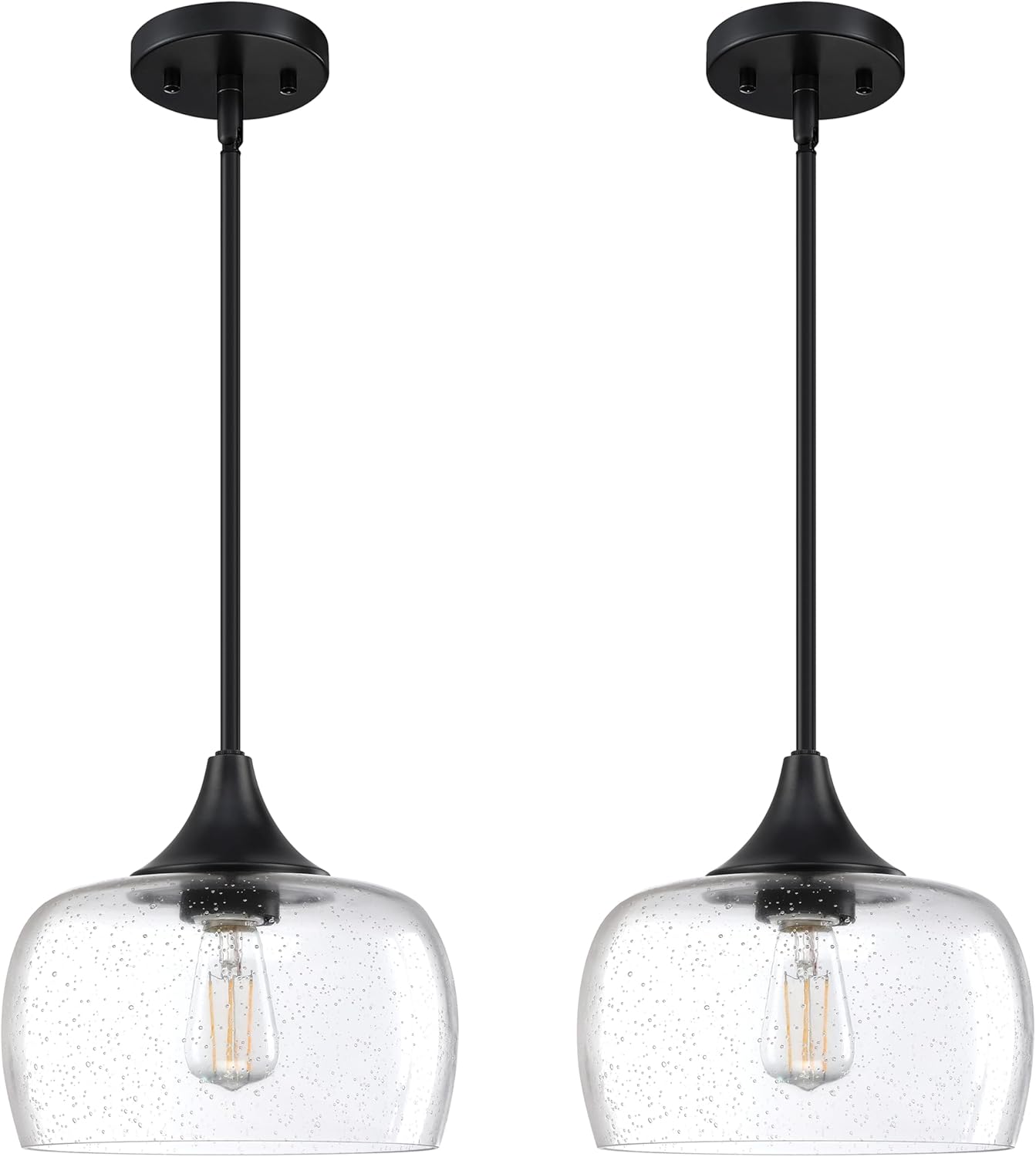 2 Pack 1 Light Hanging Indoor Kitchen Island Pendant Ceiling Light 9" Drum Clear Glass Shade Fixture,Black Finish Modern Farmhouse Dinning Over Sink Adjustable Rod
