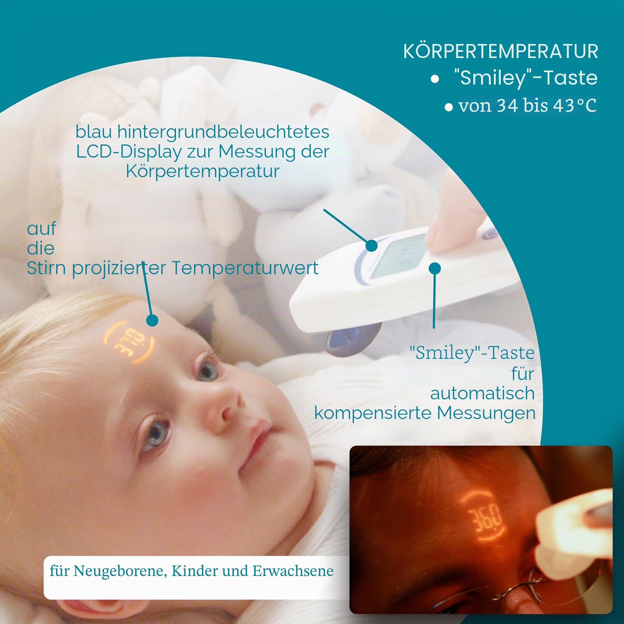 TECNIMED - VisioFocus 06400 - Medizinisches Infrarot-Thermometer zur Messung der Temperatur - Projiziert die Temperatur - Für Kinder und Erwachsene - Batterien nicht im Lieferumfang enthalten - Made