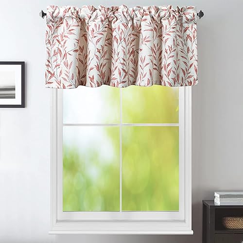 Miniatura 2 de VOGOL Cenefas de cocina Meticulous estilo de pintura con patrón de hojas de sauce, bolsillo superior para cortinero, cenefa de cortina para sala de