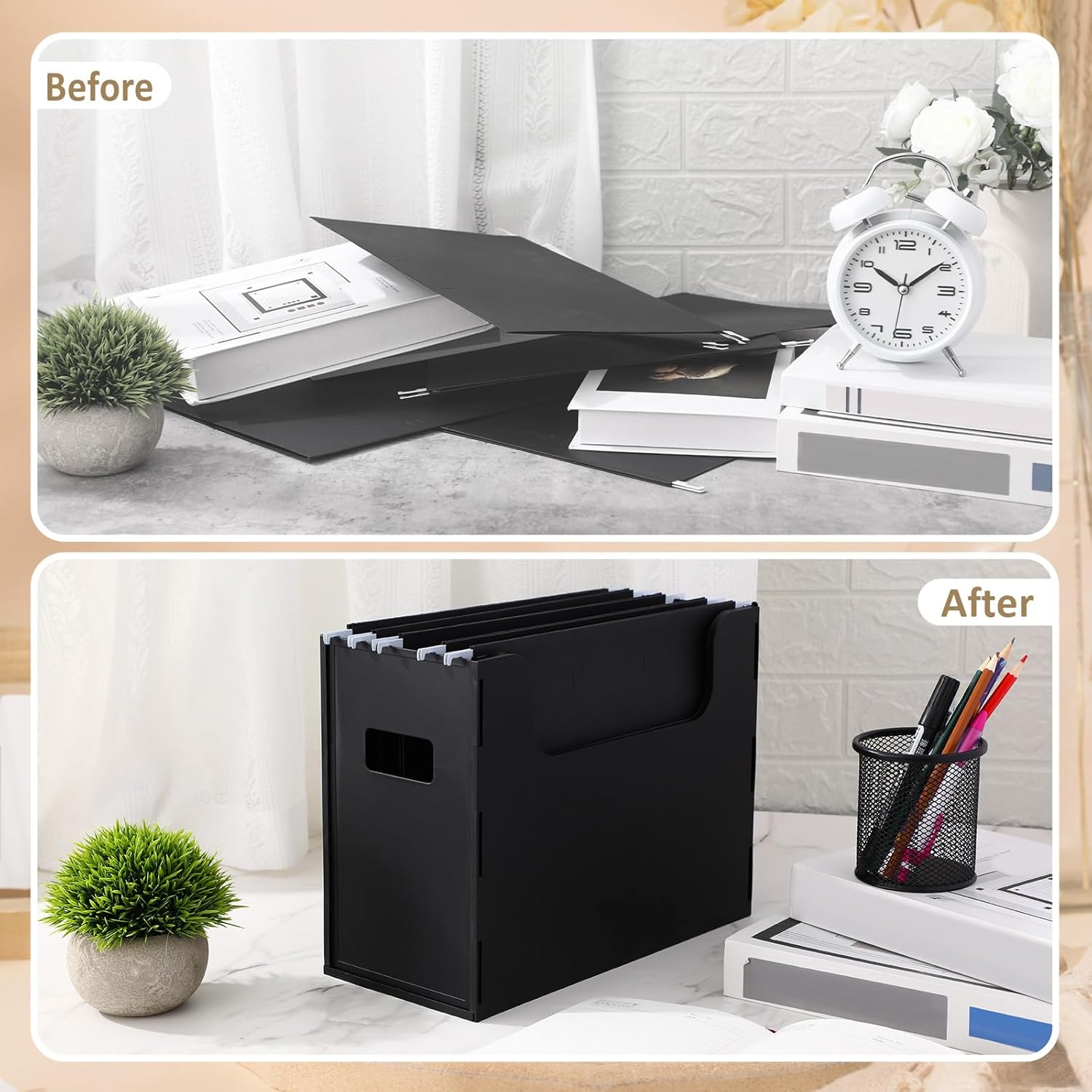 8 Pcs Portable Desktop File, Side Handles, Filing Organizer, Hanging File Folders, Letter Size for Schools Office Home (Black)