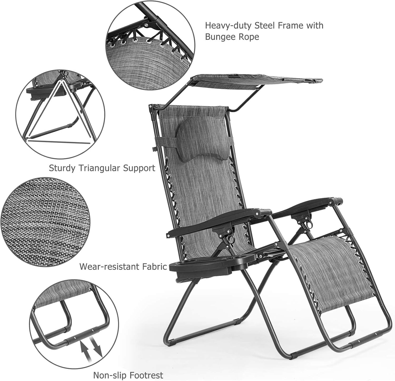 DORTALA Zero Gravity Chairs, X-Large Folding Lounge Lawn Chair with Adjustable Backrest, Headrest, Cup Holder, Canopy for Patio Pool Porch Deck, Grey