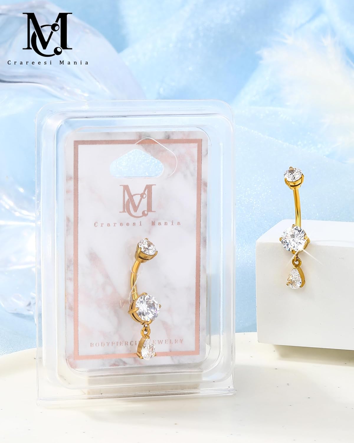 CM Crareesi Mania Belly Button Ring Dangle Belly Rings 316L Surgical Steel Belly Button Piercing Jewelry Teardrop Navel Ring for Women - Image 4