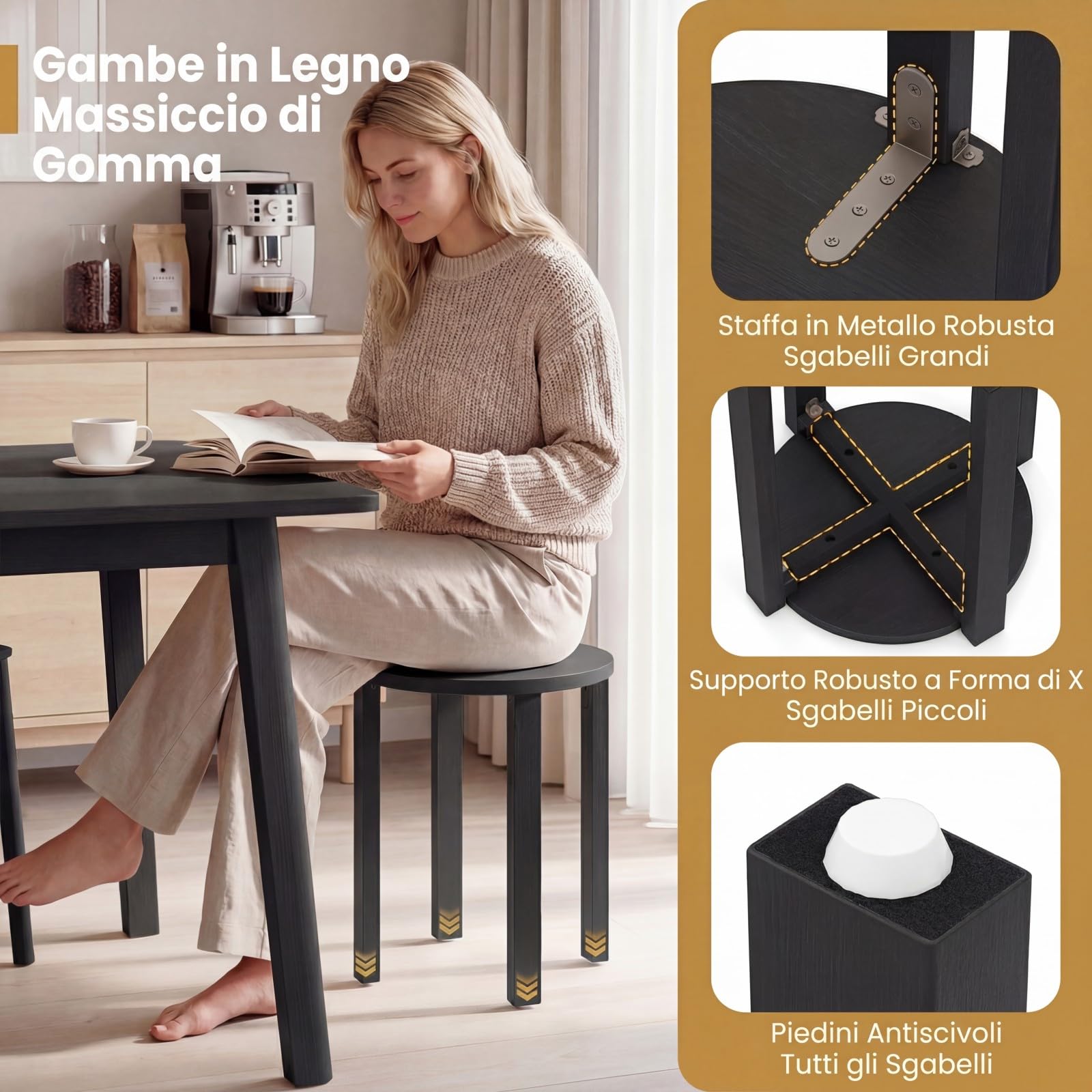 COSTWAY Set di 4 Sgabelli Impilabili 4 in 1, Sgabelli in Legno con Portavaso con Rotelle, 2 Grandi Ø36 cm e 2 Piccoli Ø35 cm, Tavolino Laterale Rotondo per Soggiorno e Camera da Letto (Nero)