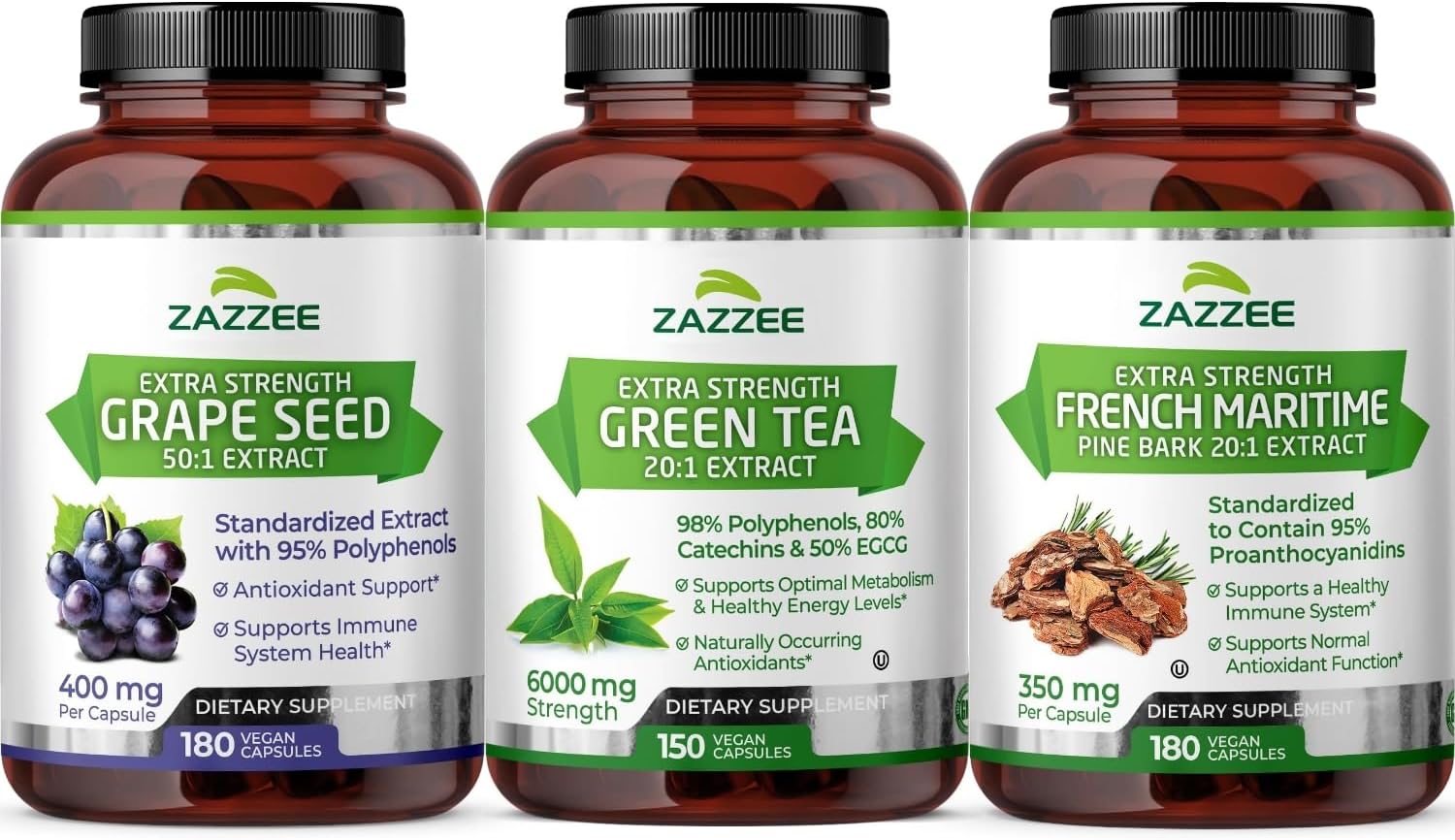 Anti Aging Healthy Heart Support Bundle | Antioxidant Rich Super Concentrated Grape Seed Extract with EGCG Green Tea Extract and French Maritime Pine Bark Capsules | Non-GMO Vegan & ISO Lab Tested