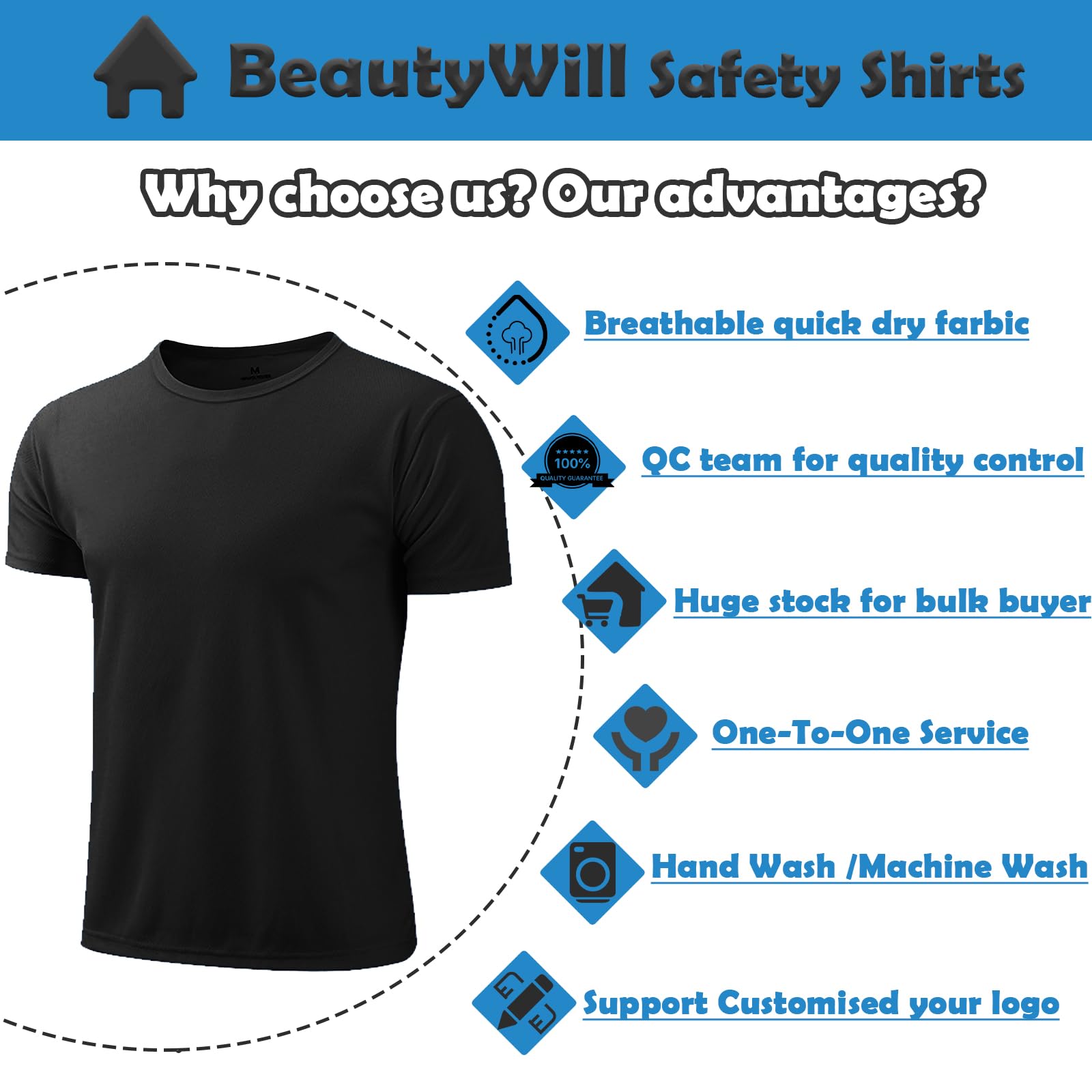Custom Logo Safety Shirts Quick-Dry Personalized Work Shirts Athletic Running Activewear Unique Print Shirts?Black,XL?