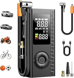 Tire Inflator Portable Air Compressor, 150PSI Cordless Air Pump For Car Tires, Bike Pump, Motorcycle, Balls with Digital Pressure Gauge, LED Light and Auto Shut-Off Function, Car Accessories, Black