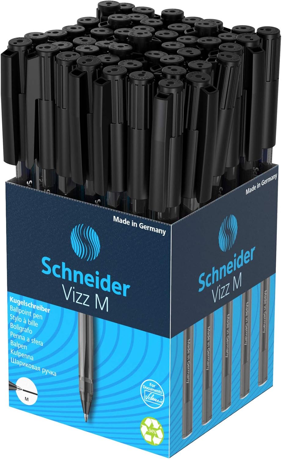 Schneider 102201 Vizz Ballpoint Pen for Easy and Quick Writing - Colour Ink Barrel - Medium Line - Black (Pack of 50)
