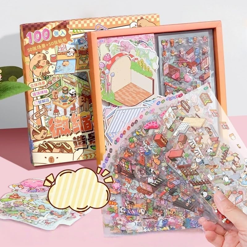 Luzhans 50 Sets Sticker Therapy Scenes Collection Book for Adults Stress Relief Pass The Time,DIY 3D Sticker Scene,Make Your Own House Miniature Cartoon Animal Isometric Scene Funny Stickers - Image 4