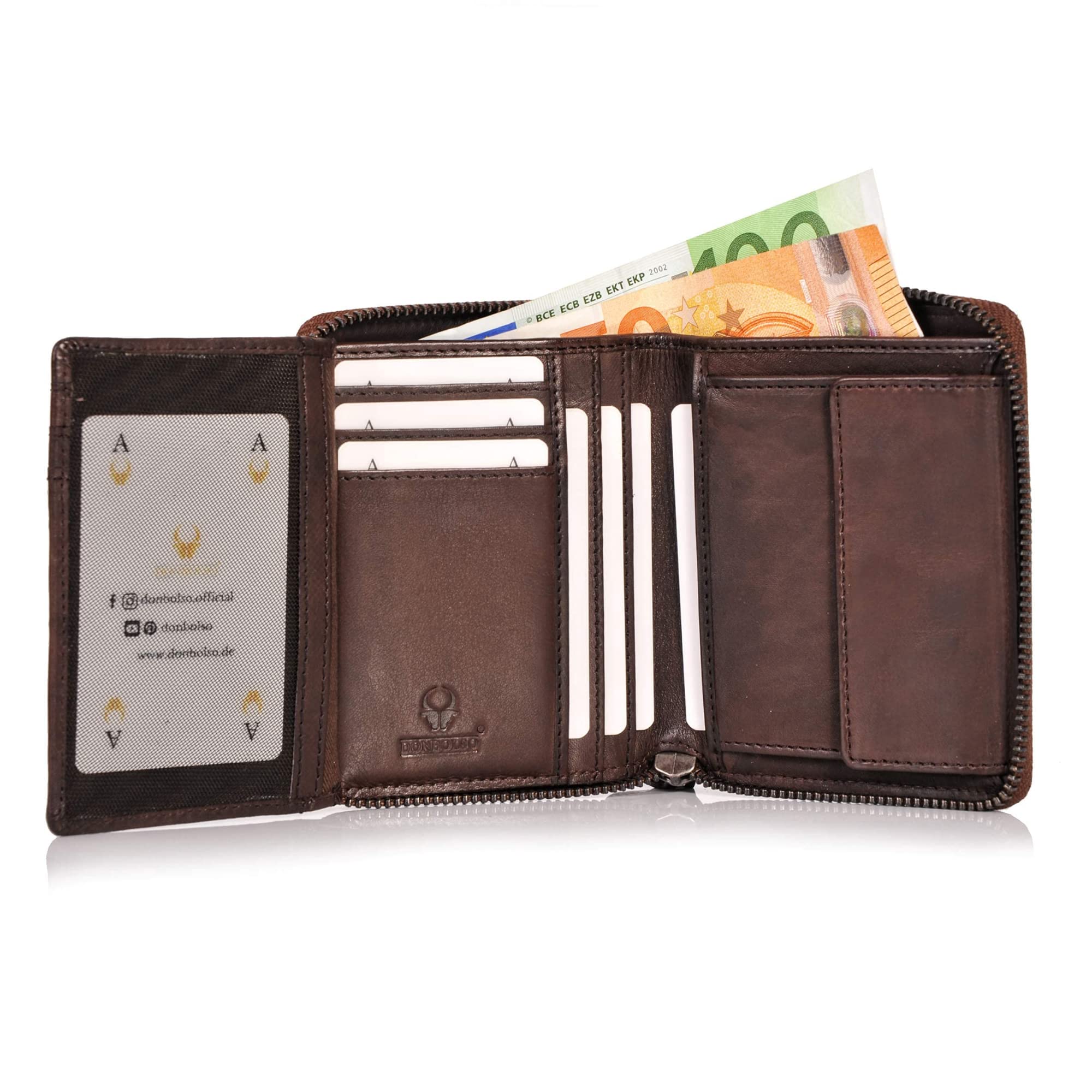 DONBOLSO Mini Portafoglio Donna Montréal | Portafoglio Donna Pelle | Portafoglio con Cerniera Piccolo e Sicuro | 13 Scomparti per Porta Carte di Credito e Protezione RFID | Marrone