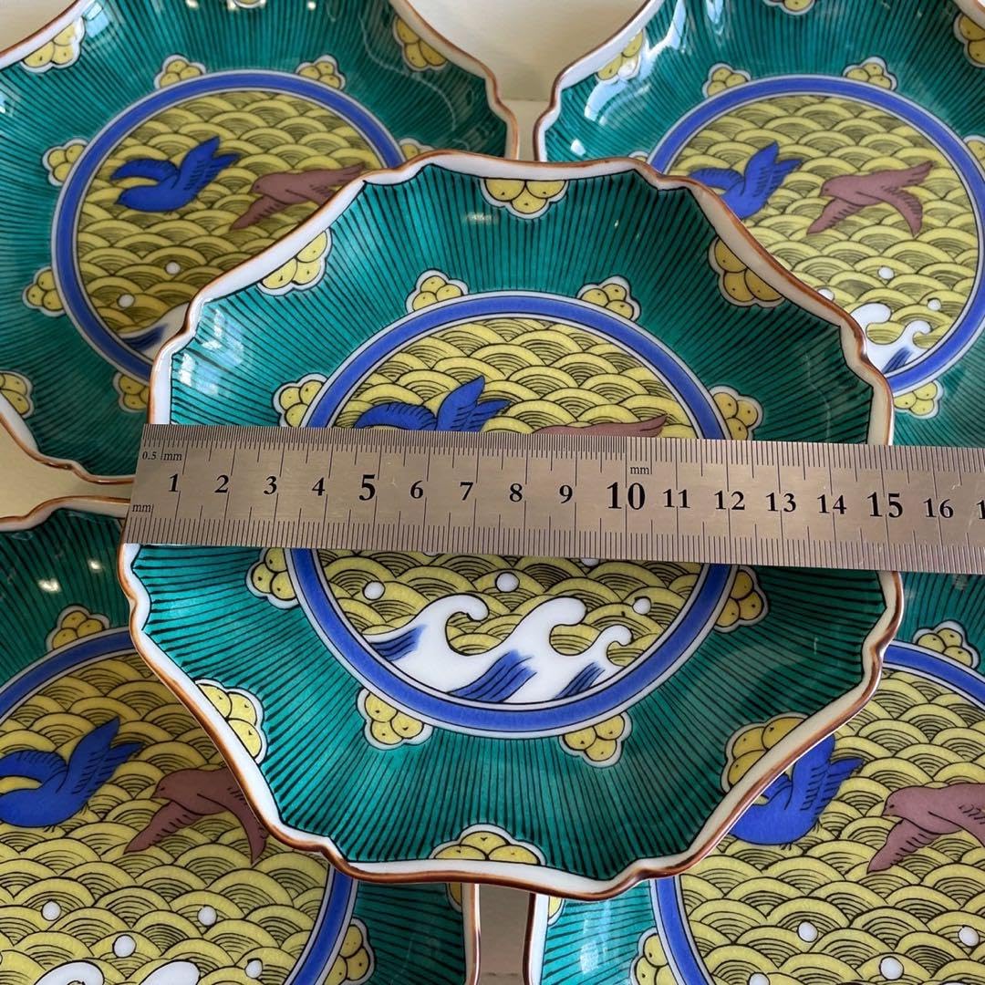 九谷焼　中皿揃　5枚セット　青海波　双鳥　色絵 銘々皿　吉田屋　輪花皿　八角皿 九谷焼中皿揃5枚セット青海波双鳥色絵 銘々皿吉田屋輪花皿八角皿