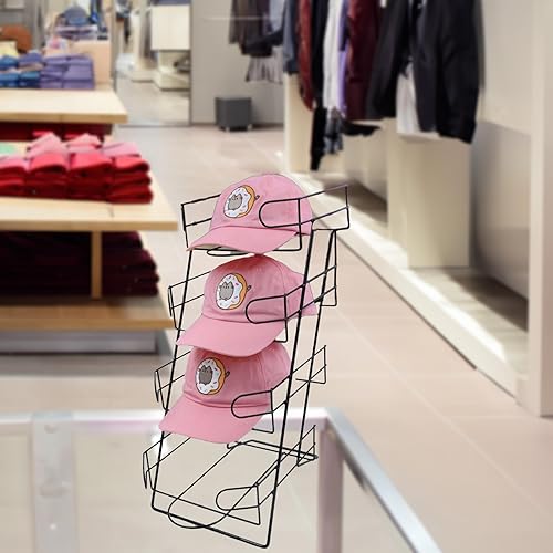 Miniatura 3 de SSWBasics Soporte de exhibición negro de 4 niveles para gorras de béisbol, elegante y resistente estante de exhibición de sombreros para minoristas,