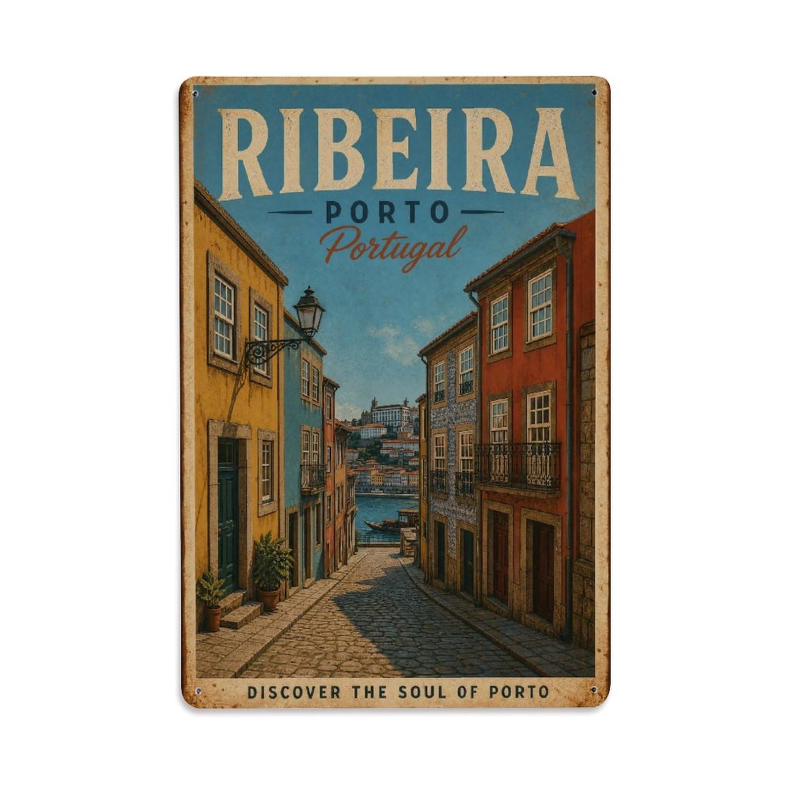 Huiyhb 8X12inch(20X30cm) Vintage Travel Ribeira Cobblestone Streets Narrow Alleys Portugal Metal Tin Sign