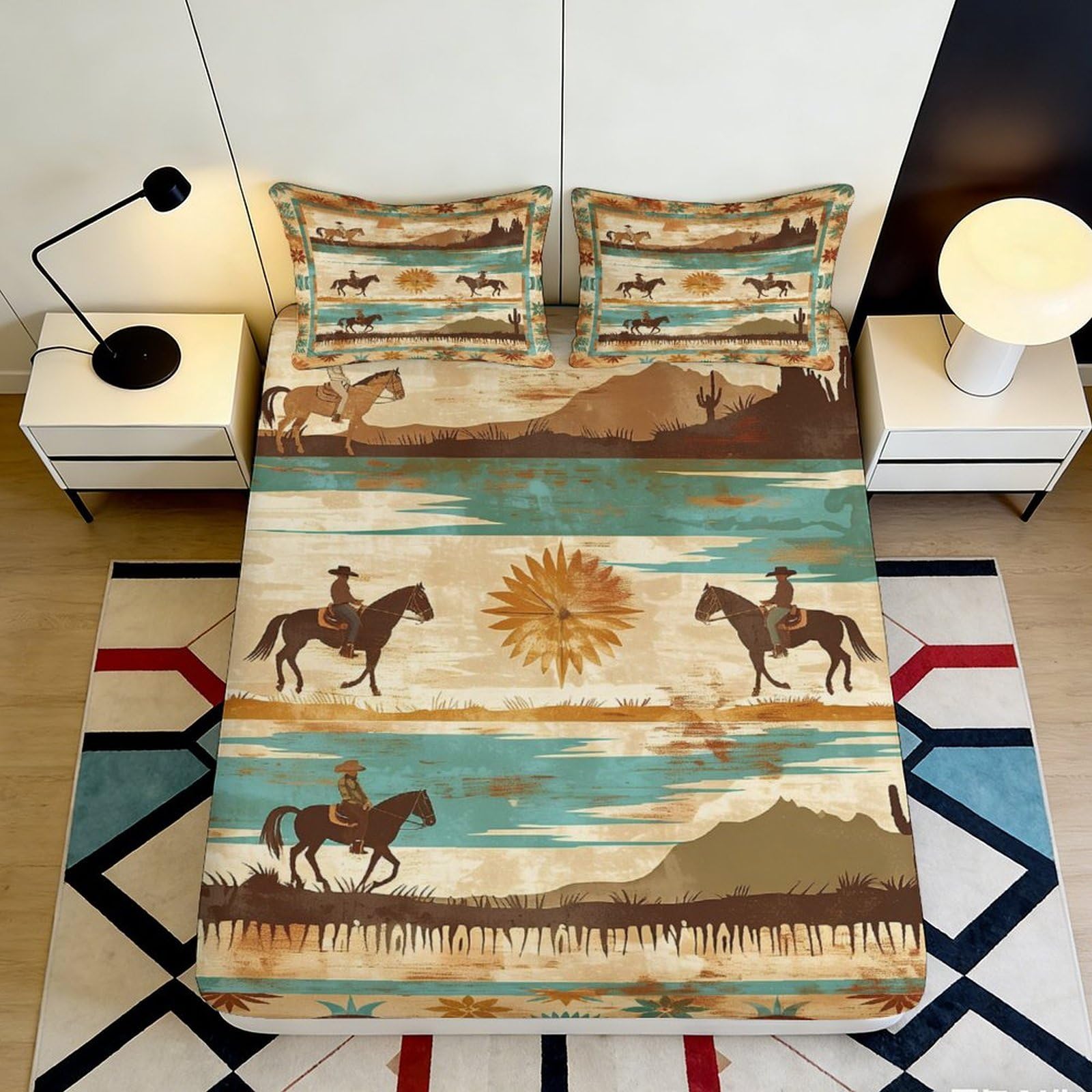 3D Printed Western Cowboy Fitted Sheet Microfiber Soft Breathable Desert Landscape Bed Cover for Bedroom Decor 90x200x25cm