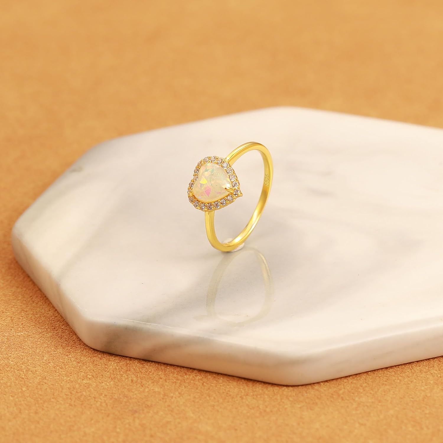 Opal Heart CZ Promise Ring for Women 925 Sterling Silver Love White Opal Engagement Band CZ Ring 14k Gold Plated to Daughter Mom Dainty Stackable Ring Wedding Mother’s Day Jewelry Gifts for Her
