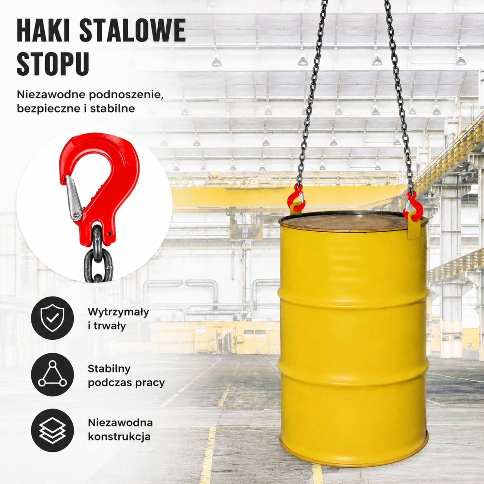 Zawiesie łańcuchowe dwucięgnowe ze stalowymi hakami do wciągnika, holowania, warsztatu i garażu