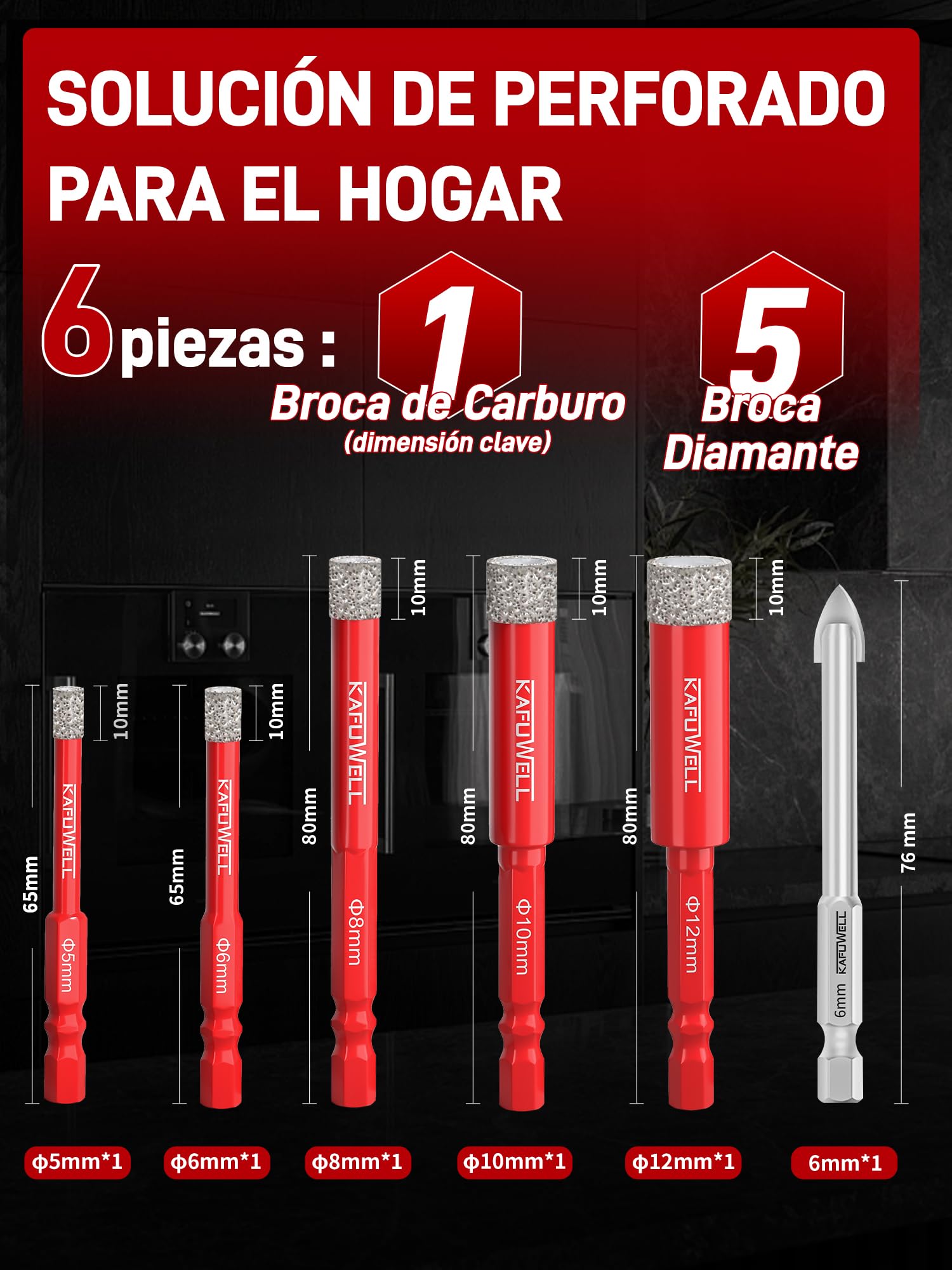 6PCS Brocas para Porcelanico,1/4"Vástago Hexagonal,Ø5/6/8/10/12mm | Brocas Diamante & 6mm Broca de Carburo, para Azulejo Cerámica, Cuarzo, Vidrio, Granito, Ladrillo, Mármol, Porcelana,Gres fino