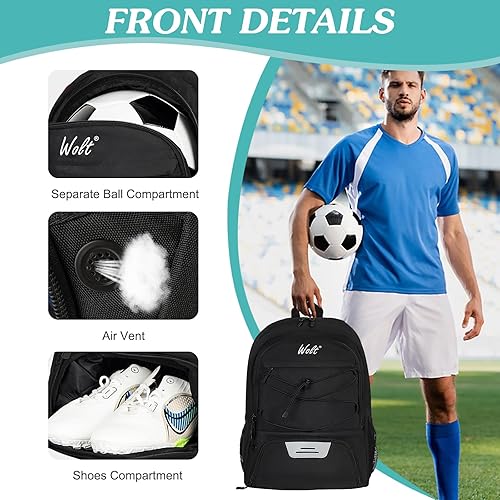 Miniatura 3 de WOLT - Mochila para balón de fútbol juvenil, bolsa deportiva con soporte para balón y compartimento para zapatos, para fútbol, fútbol americano,