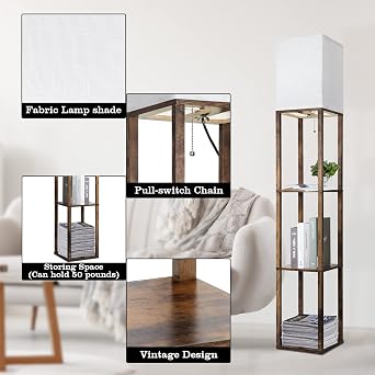 RUNTOP Floor Lamp with Shelves, Modern Shelf Lamp for Display Storage, 3 Color Temperature Wood Narrow Standing Corner Lamp with 8W Bulb for Living Room Decor, Bedroom, Office, Home Decor(Brown)