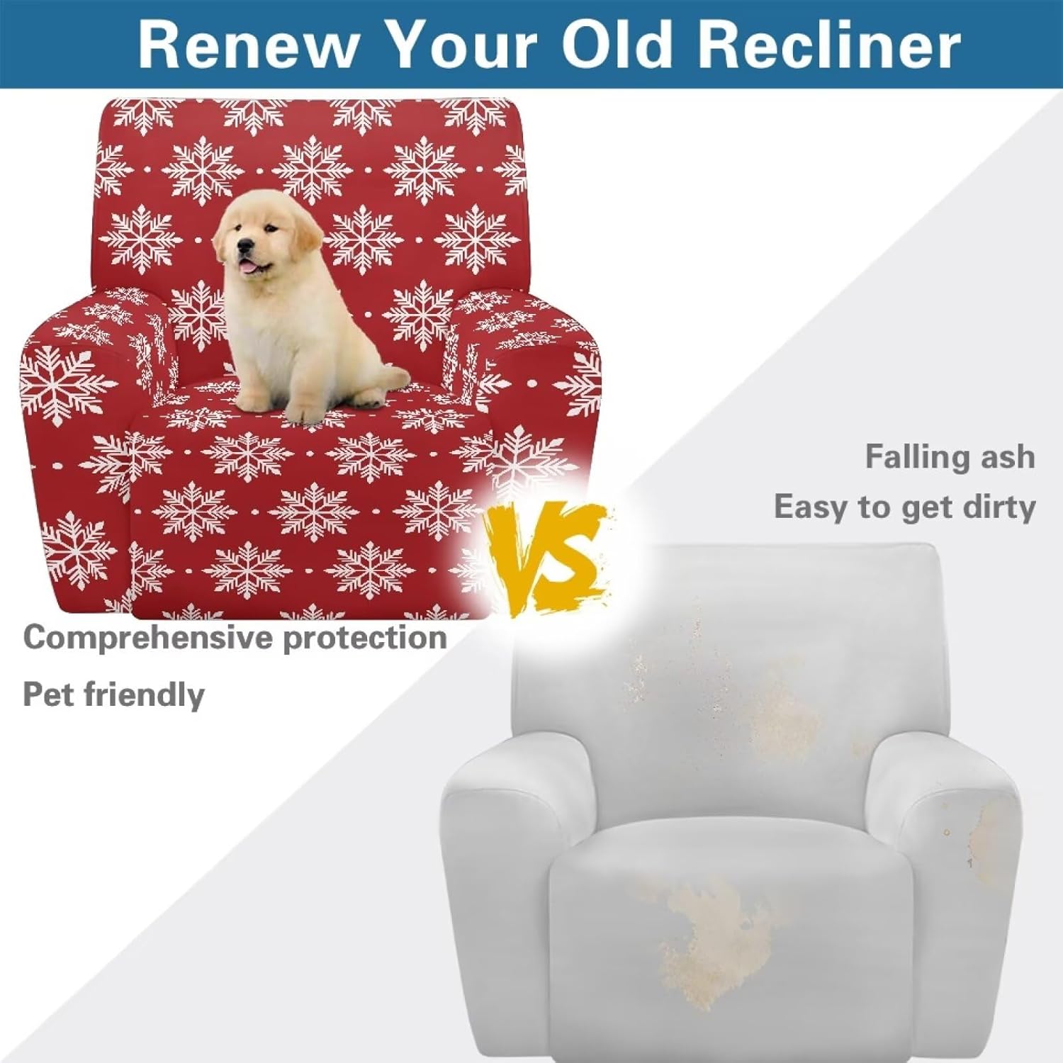 Recliner Cover with Pockets Christmas Snowflake Stretch Single Reclining Slipcover 4-Pieces Lazy Boy Recliner Armchair Cover with Elastic Bottom Furniture Protector for Kid Pet