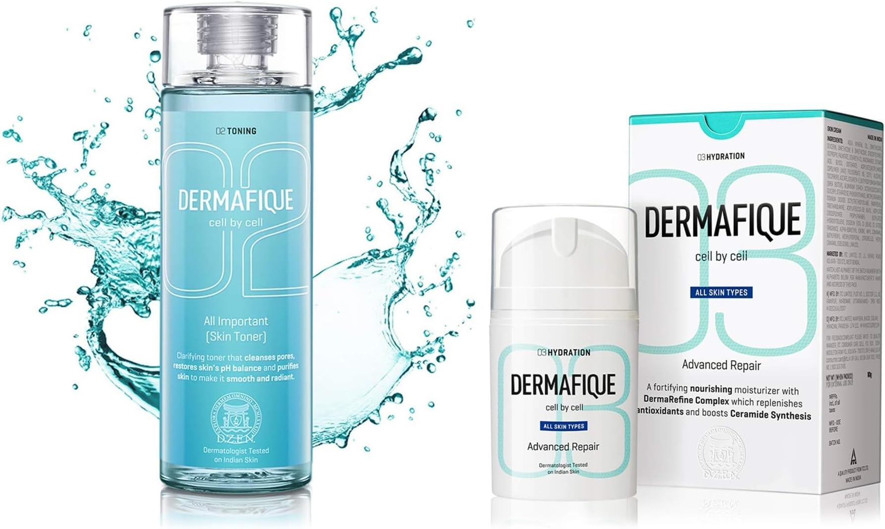 Dermafique All Important Skin Toner, Aqua Marine, 150ml & Dermafique Advanced Repair Face Moisturizer for All Skin Types, Dermatologist Tested, Night Cream (50 g)