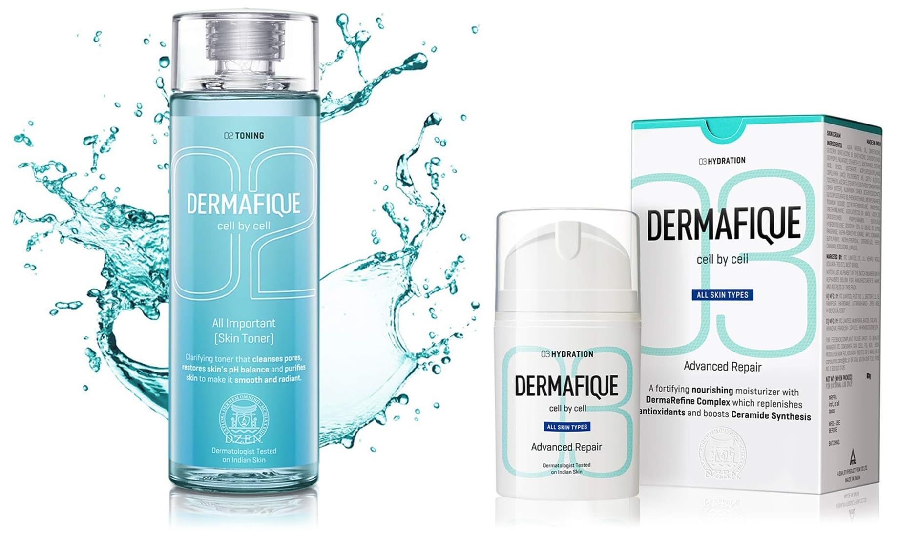 Dermafique All Important Skin Toner, Aqua Marine, 150ml & Dermafique Advanced Repair Face Moisturizer for All Skin Types, Dermatologist Tested, Night Cream (50 g)