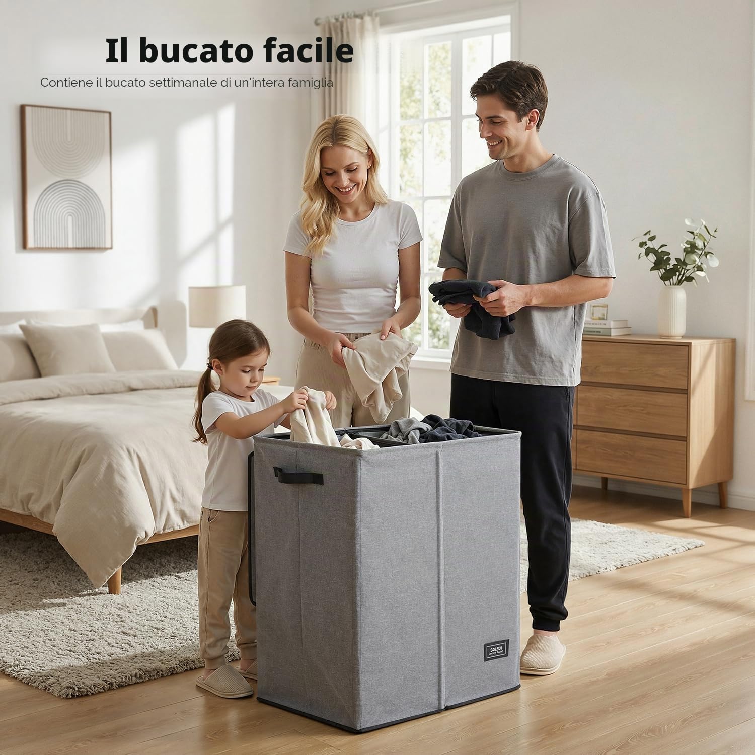 SOLEDI Cesto portabiancheria doppio da 145 litri con coperchio, cesto portabiancheria a 2 sezioni, pieghevole e sporco, con robusta borsa per la biancheria, per camera da letto, dormitorio, università