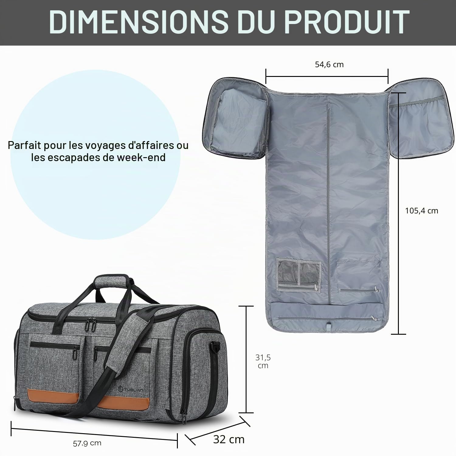 TUGUAN Sac à Vêtements de Voyage Convertible 3 en 1 Housse Costume pour Voyage d'affaires avec Sangles de Sac à Dos et Compartiment pour Chaussures (Gris + Marron)