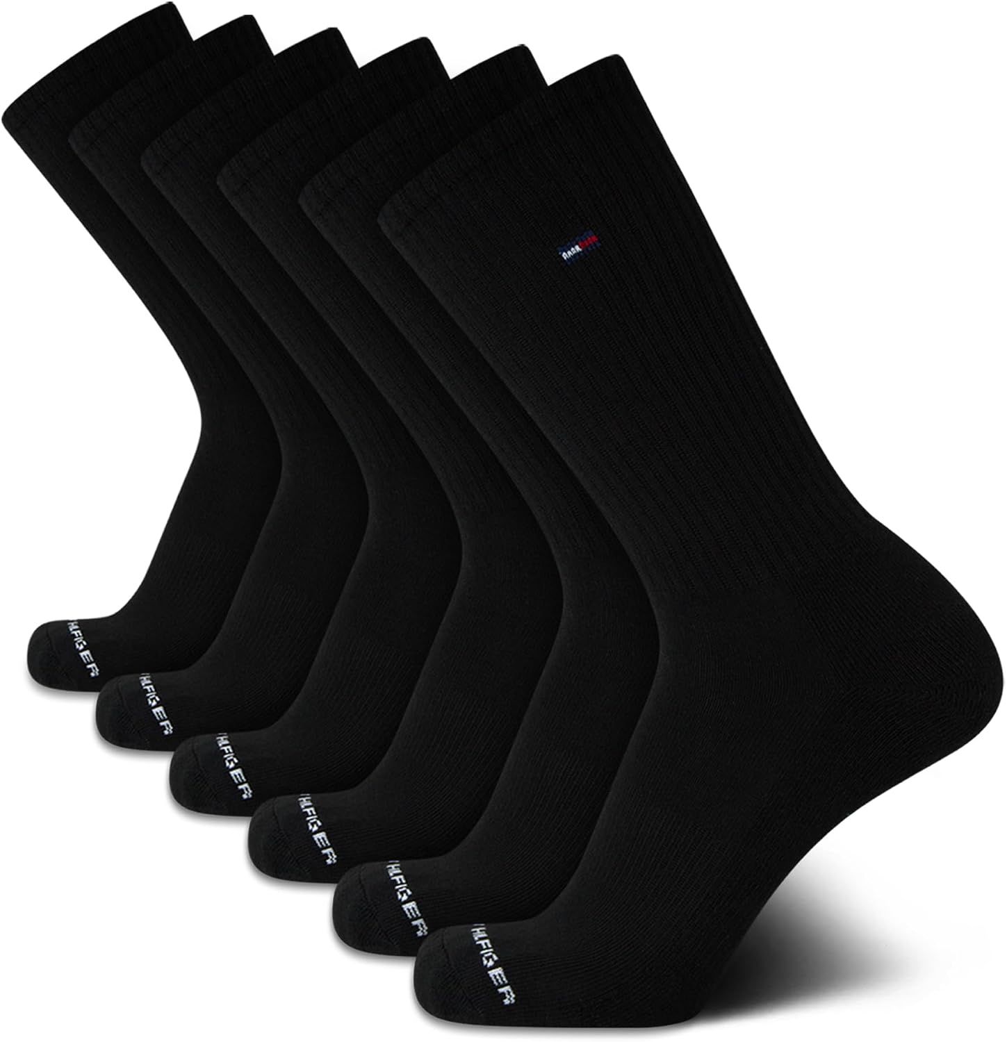 Tommy Hilfiger Mens Crew Socks - 6 Pack Cotton Blend Stretch Cushioned Breathable Athletic Socks for Men