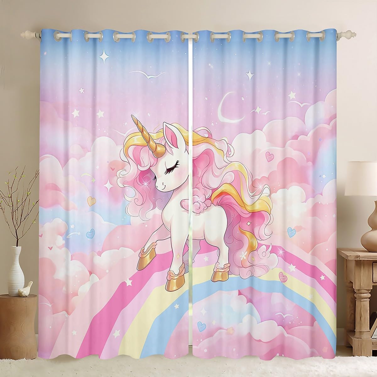 Erosebridal Cartoon Unicorn Curtains 38" Wx45 L, 2 Panels Moon Stars Blackout Curtains for Kids Galaxy Sky Clouds Fantasy Horse Curtains & Drapes Dreamy Night Magic Bedroom Decor Window Curtains