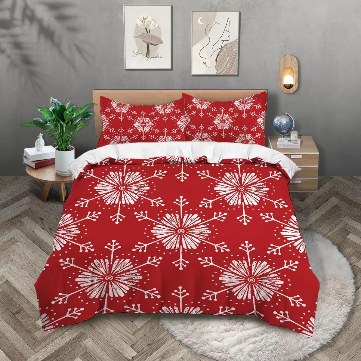 Parure de lit Noël 135x200 avec housse de couette rouge flocons de neige et taies
