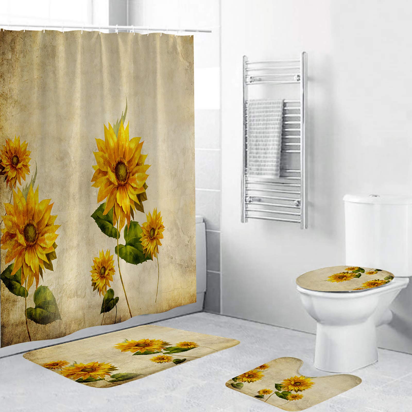 Rideaux de douche imperméables tournesols et tapis de bain anti-glisse durables avec crochets