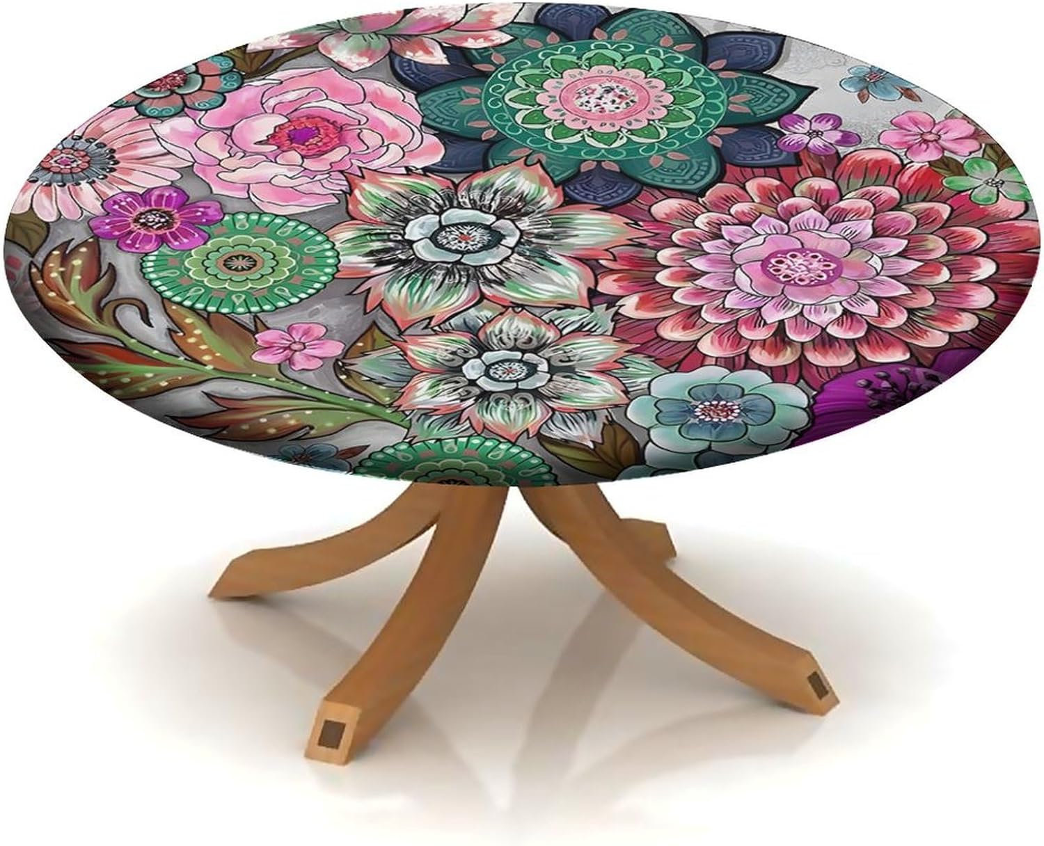 Fitted Round Table Top, Boho Floral Pattern Printed on Spill Resistant Patio Table Cover, for Dining Tables Buffet Parties and Camping Fit for 48" Table