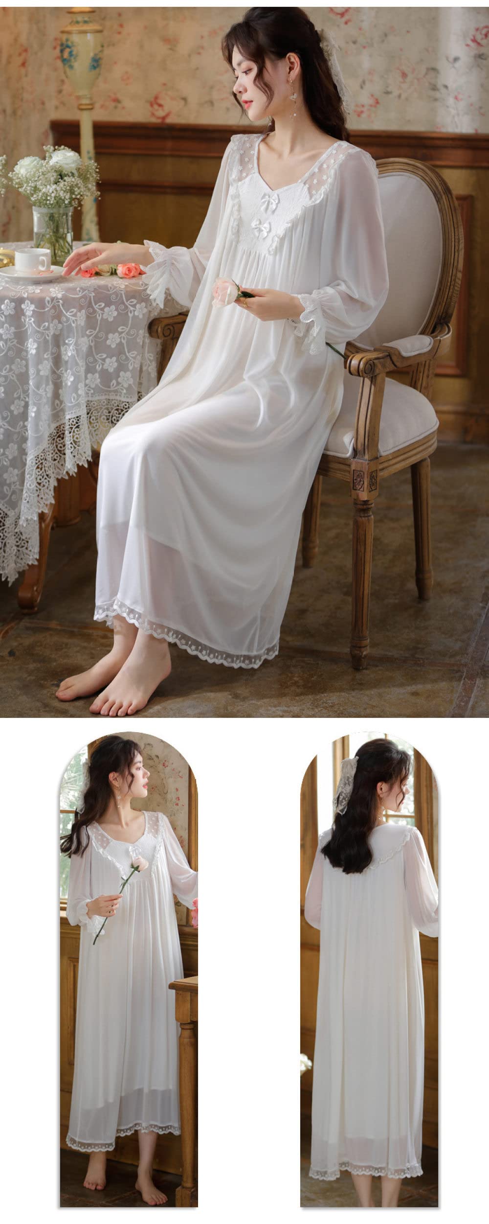 Nachthemd Damen,Damen-Nachthemden Weiß Rundhals Spitze Rüschen Schleife Mesh Elegantes Schlafhemd Weiche Bequeme Lange Ärmel Nachthemd Loungewear Für Damen Mädchen Pyjama Party Weihnachtsnachth