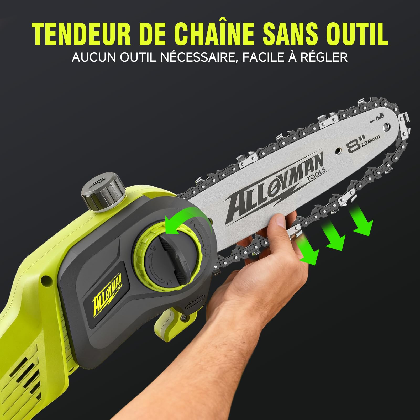 Alloyman Élagueur sur perche sans fil 20V MAX, élagueuse électrique avec tube d’extension, 2 batteries 20V 4,0 Ah et chargeur, lame de 20 cm, 4KG, vitesse de chaîne 5,5 m/s, lubrification automatique