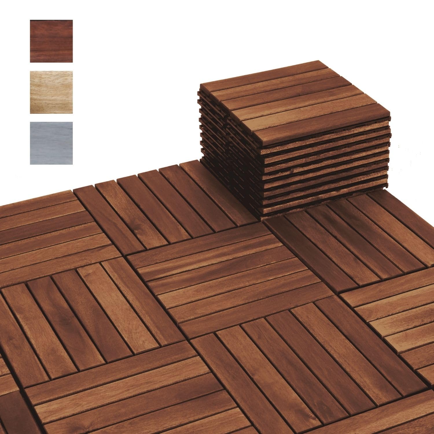BEEFURNI 10PCS Interlocking Deck Tiles 12" x 12", Acacia Wood Deck Tiles Interlocking Outdoor All Weather, Indoor Outdoor Flooring Tiles for Balcony Decor, Patio, Backyard (Dark Brown)