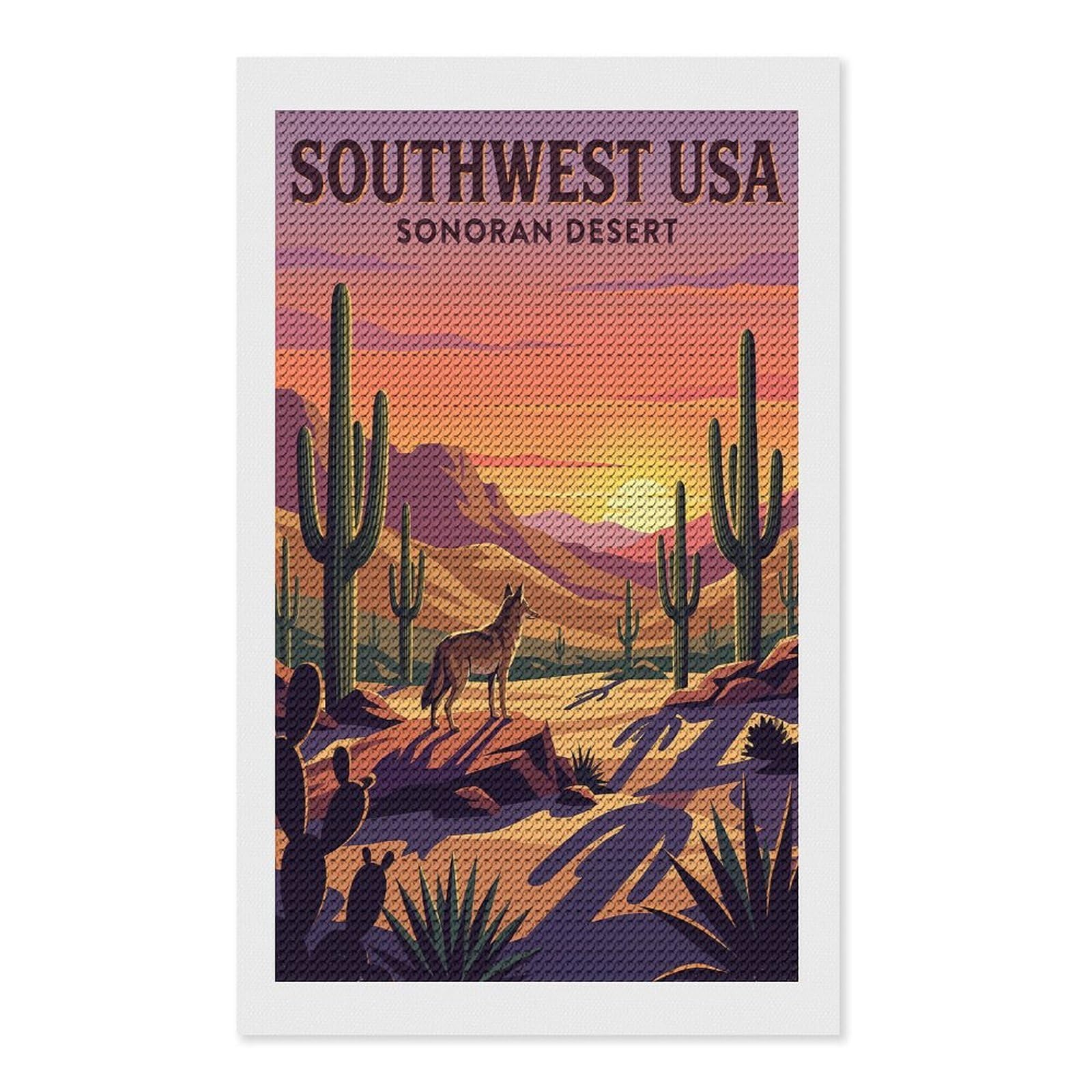 Junmoney Southwest USA Sonoran Desert Coyote Diamond Art Canvas 12"x20", Full Kit Included, Bedroom Decor, for Beginners, Thoughtful Handmade Gift