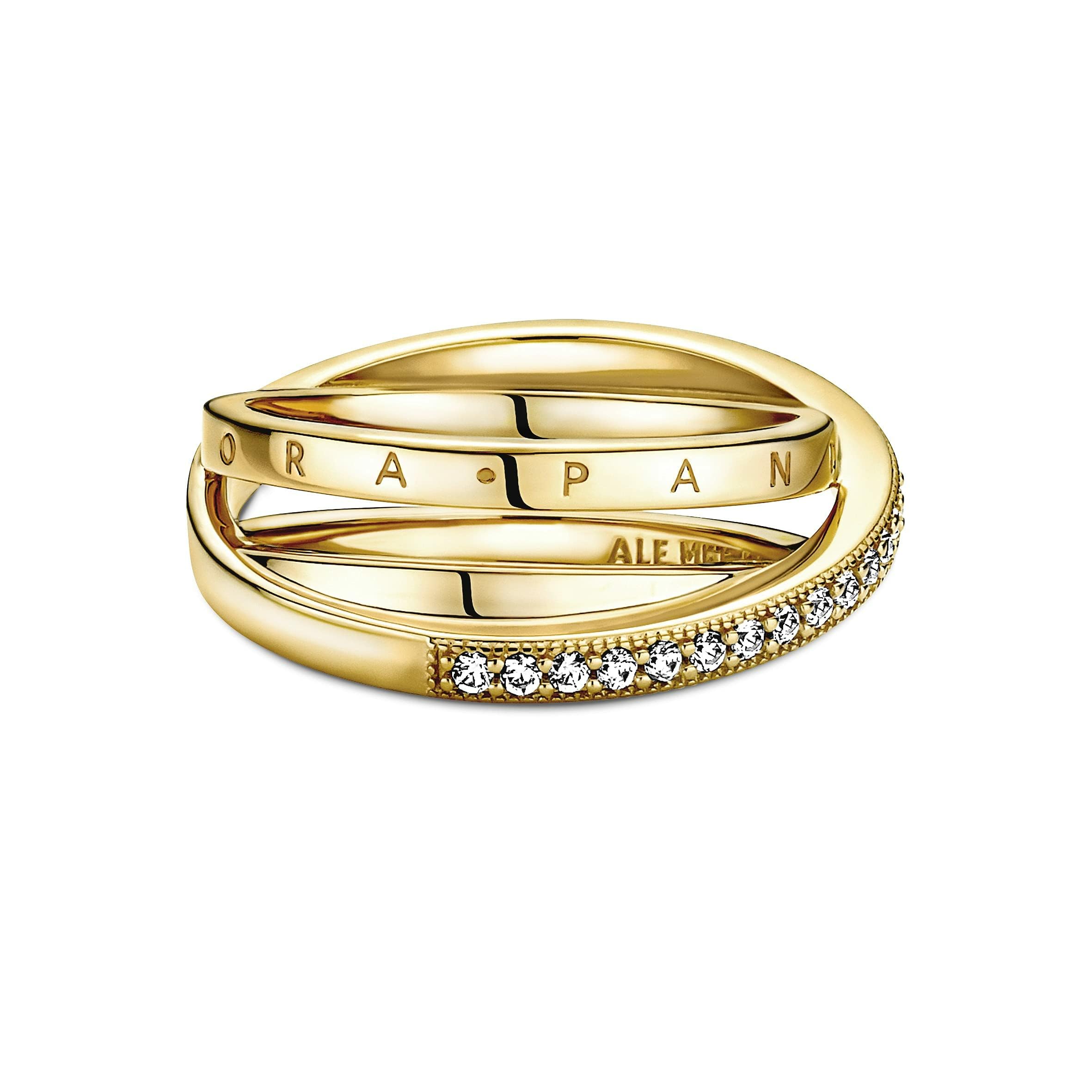 Pandora Signature Crossover Pavé Triple Band 14k gold-plated ring with clear cubic zirconia, 52