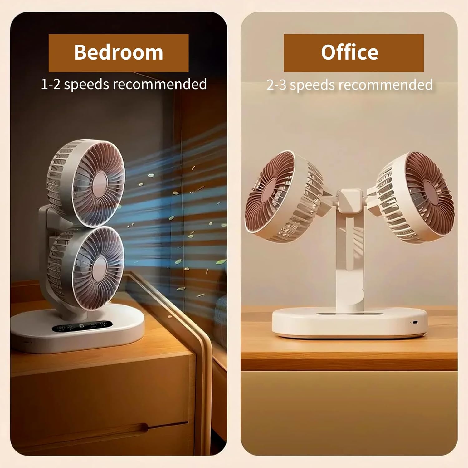 Double Head Oscillating Desk Fan, Quiet Table Fan USB Rechargeable with 6-Speed & 9-Hour Timer, 360° Rotation Wall Mountable for Table, Bedroom, Office, Outdoor (Beige)
