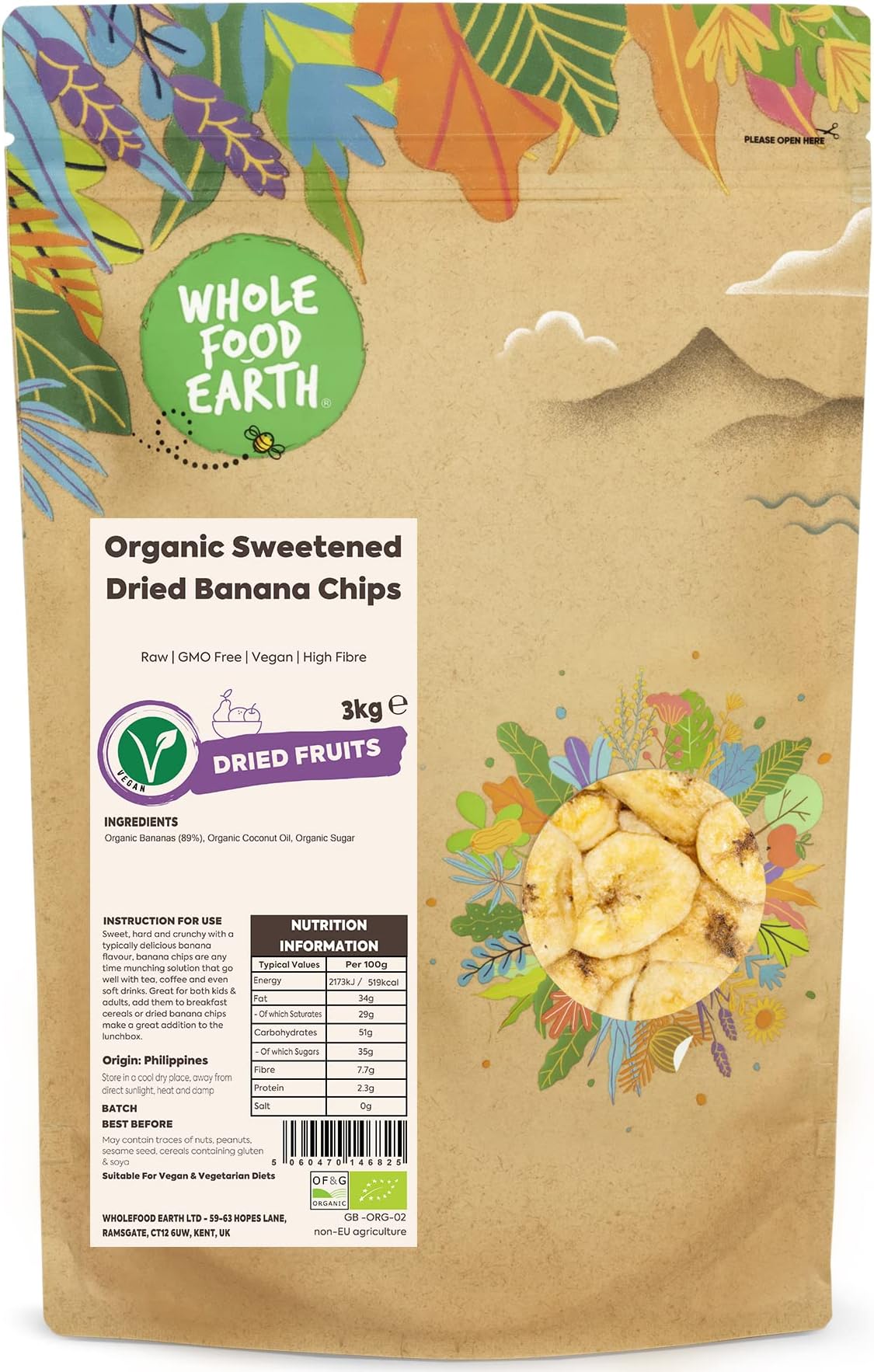Organic Sweetened Dried Banana Chips โ 3 kg | Raw | GMO Free | Vegan | High Fibre | Certified Organic