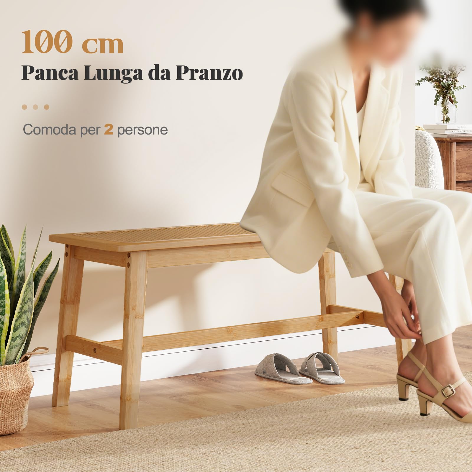 COSTWAY Panca da Pranzo 100 cm in Bambù Naturale, Panchina per 2 Persone con Seduta Rattan Intrecciato a Mano, Panca Stile Fattoria per Cucina, Bagno e Camera da Letto, Sgabello per Scarpe
