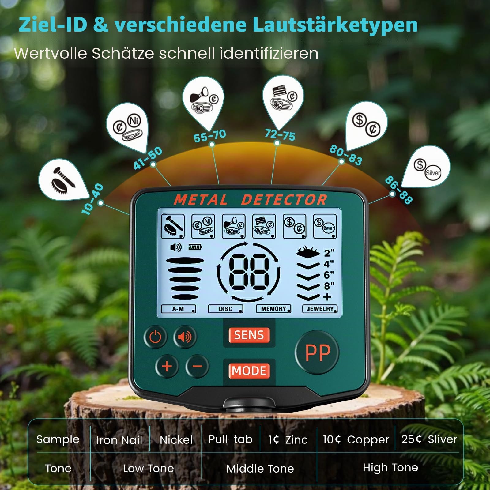 Metalldetektor Profi Set, 5 Modi Leicht Gold Detektor für Kinder und Erwachsene mit Pinpoint Modus, Speichermodus, Wasserdicht Spule, Hochpräzisions, Metal Detector Kit mit Digger Schaufel