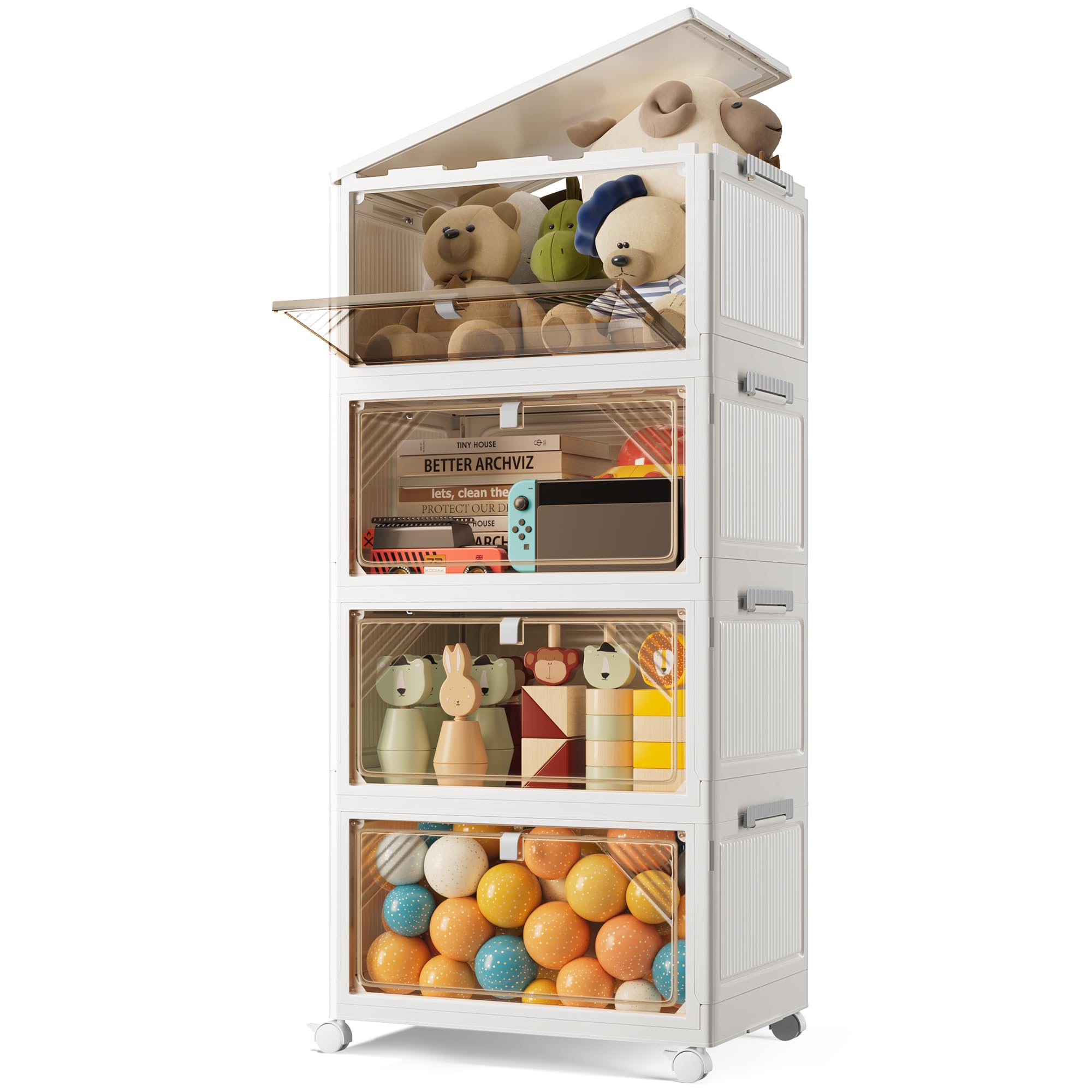 BTGGG 4 Tier Aufbewahrungsbox mit Deckel, 50L*4 Stapelboxen Kisten Aufbewahrung mit Deckel, Kunststoff-Aufbewahrungsbox Faltbare Aufbewahrungsbehälter mit Rollen und Türen, Storage Boxes Organizer