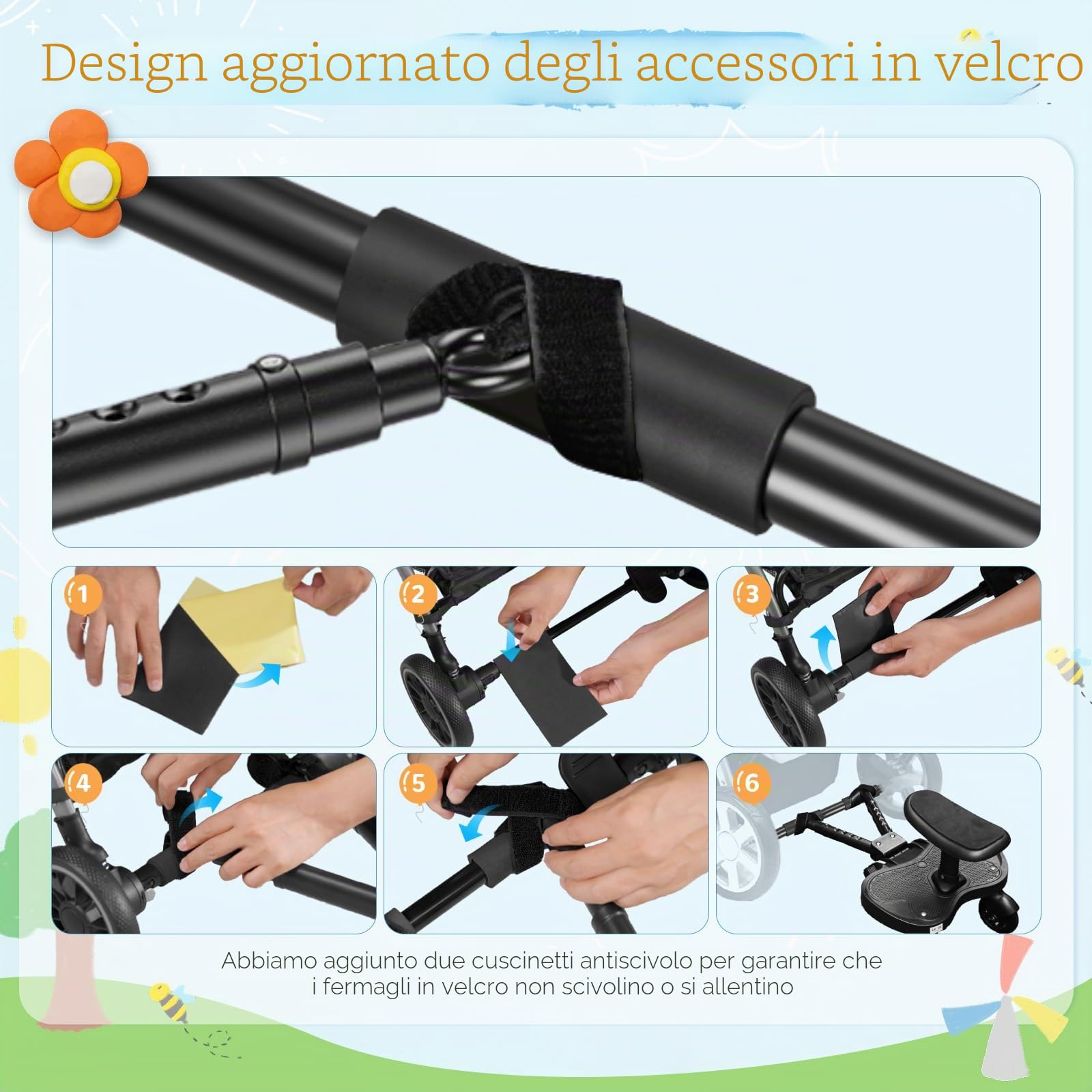 Pedana Passeggino Universale con Sedile, Tavolette per Passeggini con borsa, Design Stabile a due Ruote, con cinghia di sospensione,Accessori per Passeggini per Bambini da 2 a 6 anni,nero