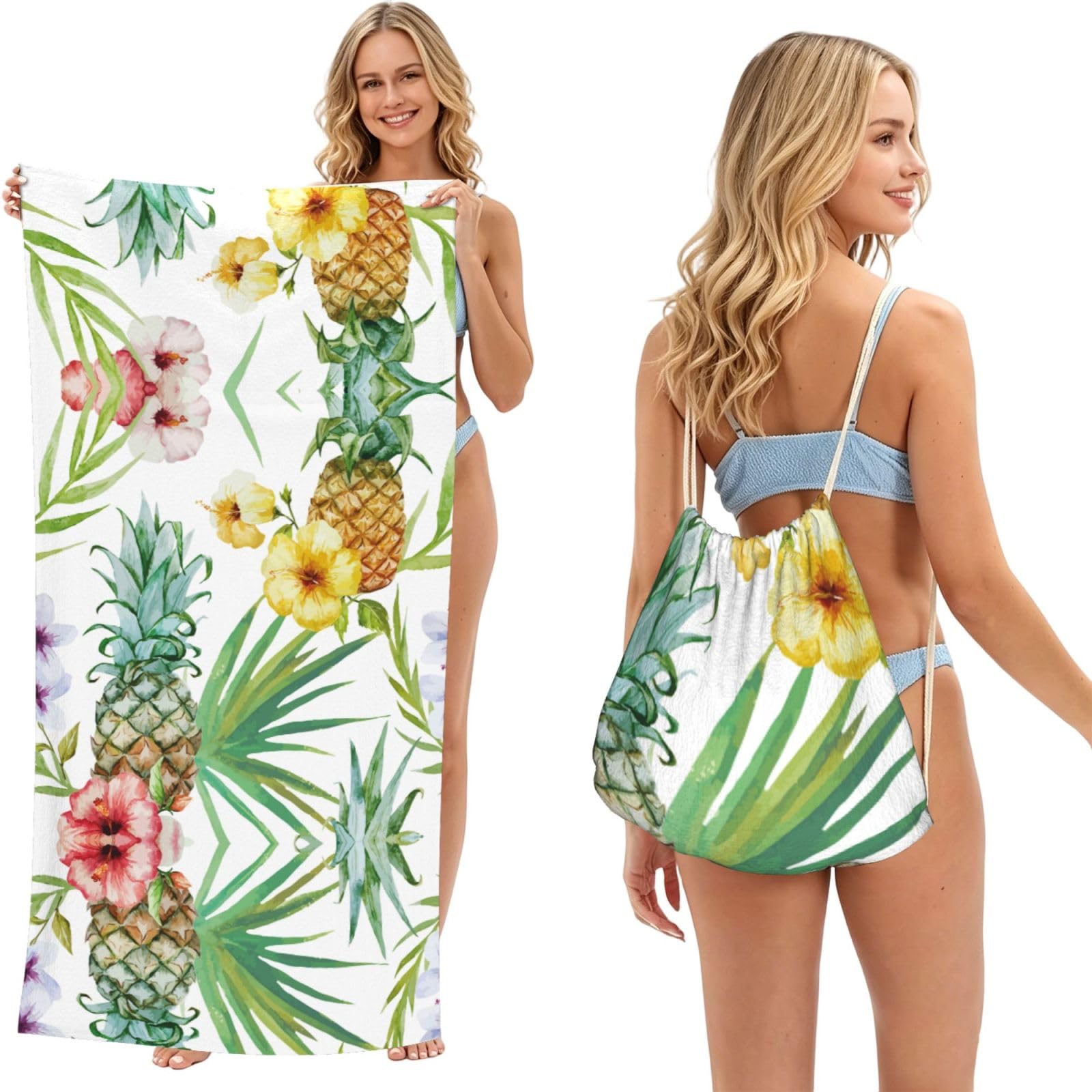 ESNAIUVCD Tropical Pineapple Print Beach Towel For Adults,Towel With Drawstring Bag, Travel Pool Swimming Sports Shower Sand Free Quick