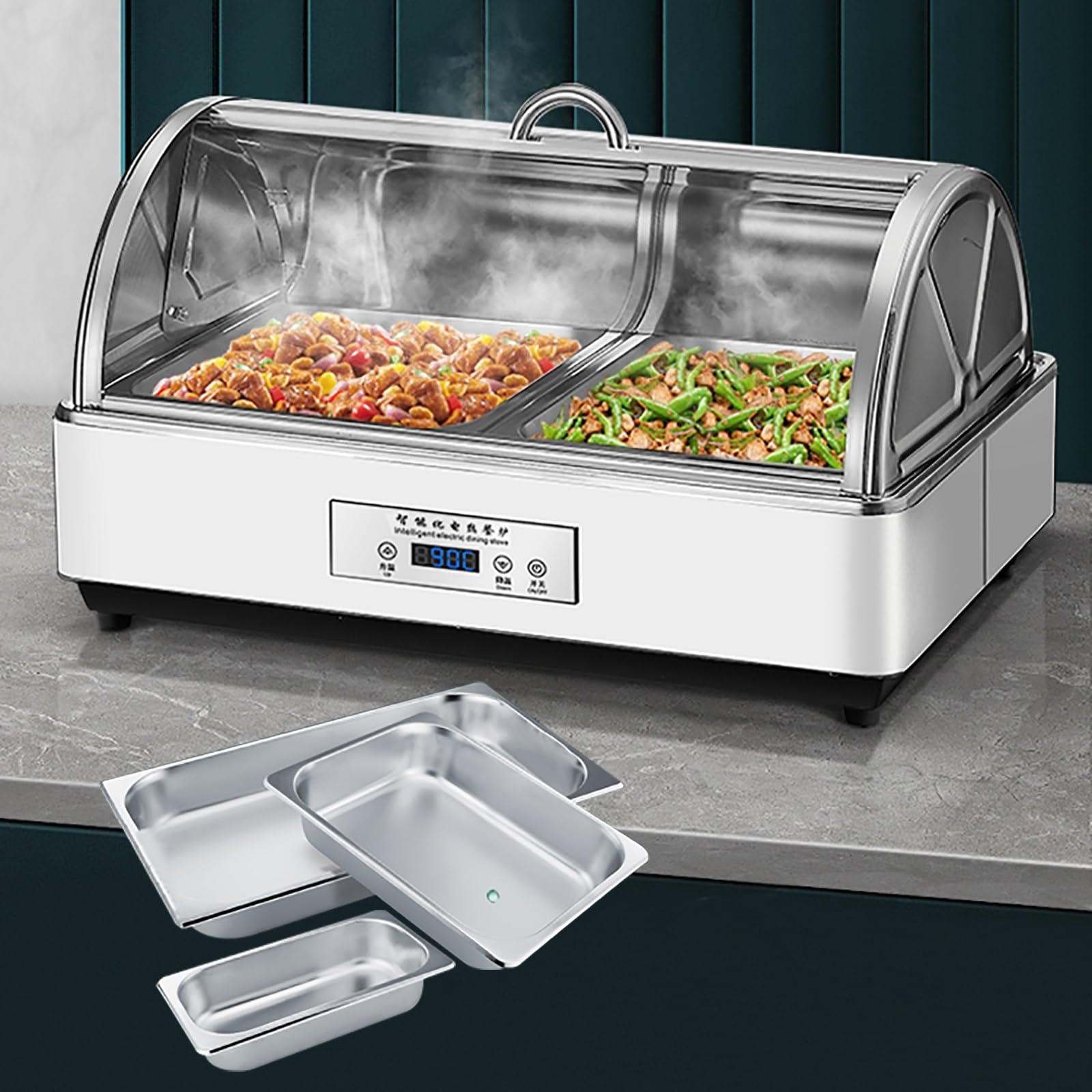 Set da Buffet Elettrico da 12 Litri, scaldavivande in Acciaio Inossidabile con Coperchio a Rullo, Smart Touch Regola la Temperatura, per Catering, Feste, Buff