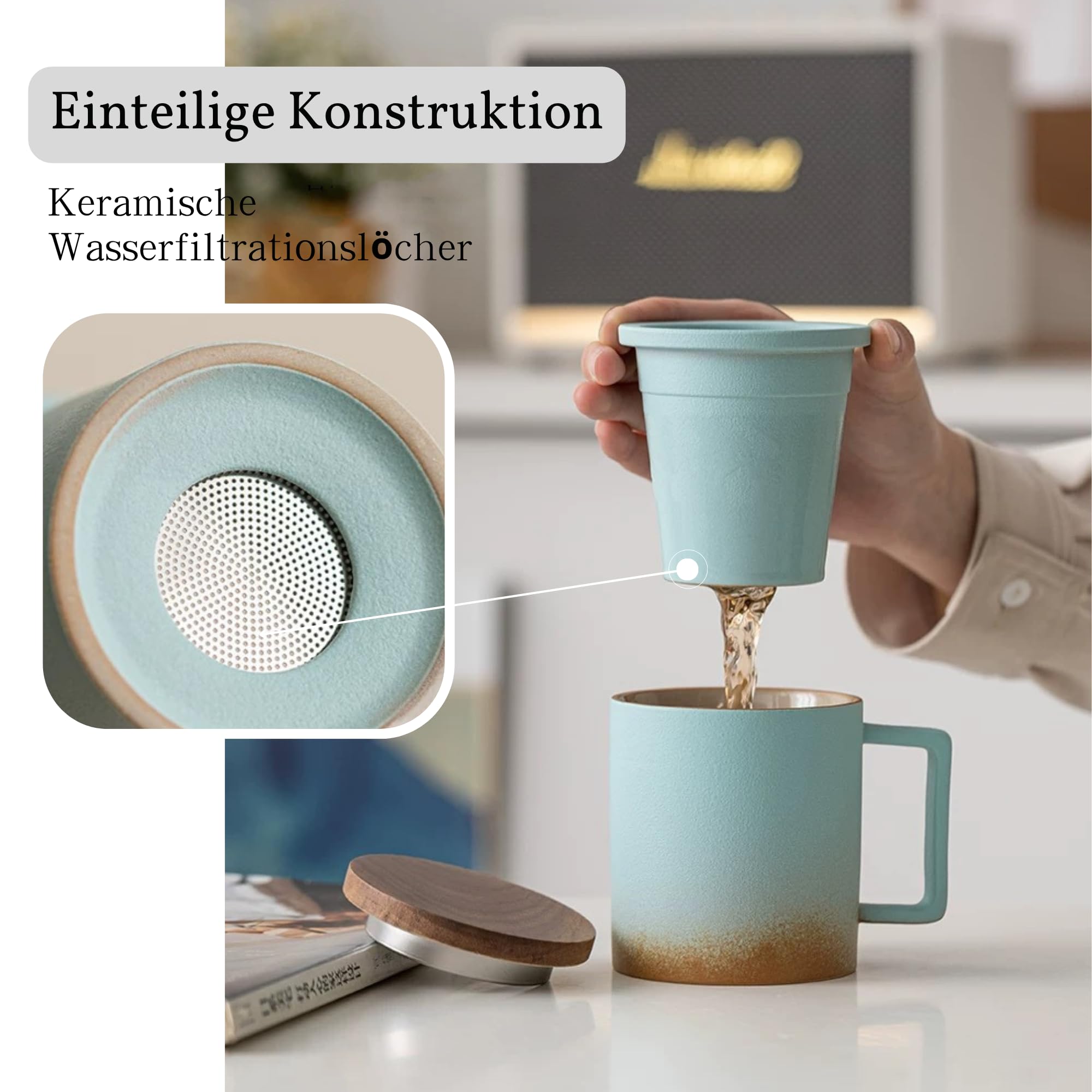 JanYoo Teetasse mit Deckel und Sieb, 300ml Teebecher mit Teesieb und Deckel für Losen Tee, Blooming Tea, Keramik Farbverlaufende Glasur Teetassen Geschenke für Teeliebhaber(Blau)
