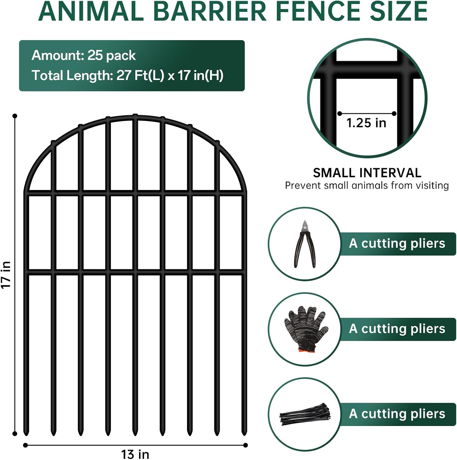 27ft (L) X 17in (H) No Dig Fence, 25 Panels Garden Fence Animal Barrier, 1.25 in Gap Rustproof Metal Dig Defense Edging Border, Dog Rabbits Blocker for Outdoor Yard