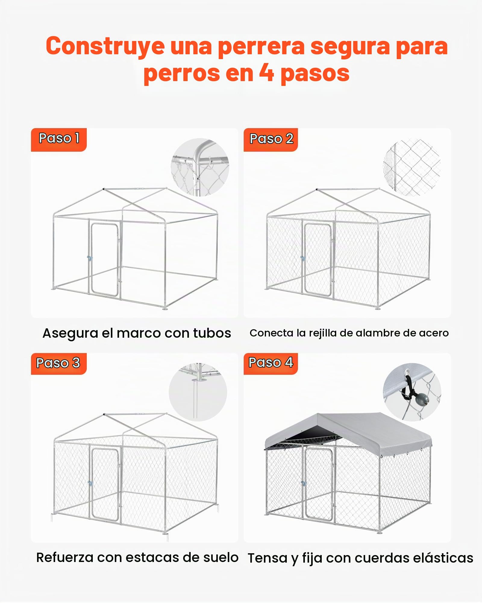 VEVOR Perrera de Exterior, 2 x 2 x 1,6 m, Parque para Perros con Puerta de Pestillo Toldo Impermeable, Marco de Metal Galvanizado, Caseta de Valla para Perros Grandes en Patio Jardín Terraza, Plateado