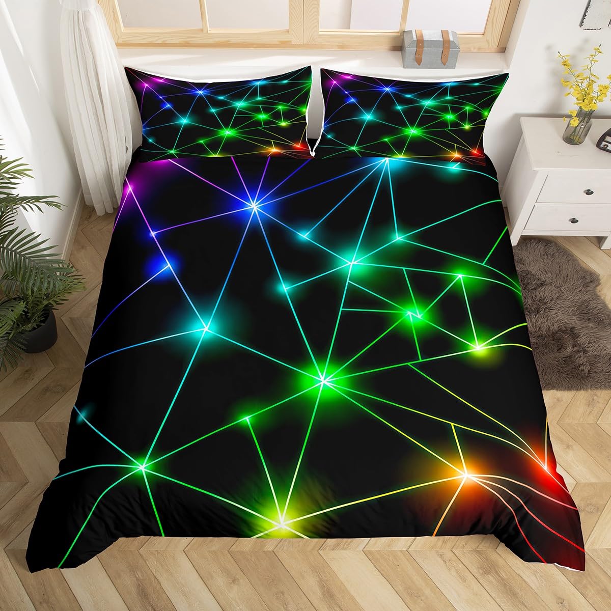 Homewish Neon Geometric Bedding Single, Reversible Black Duvet Cover Set Retro Triangle Pattern Quilt Cover with 1 Pillowcase - Image 3