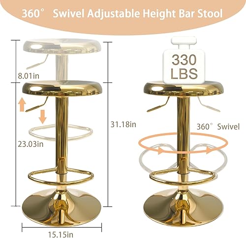 Miniatura 3 de Juego de 2 taburetes de bar ajustables, sillas giratorias sin respaldo y altura de barra, taburetes de bar modernos con marco de metal dorado para